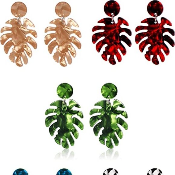 Three Piece Resin Leaves Dangle Fashion Earrings - Picture 2 of 5